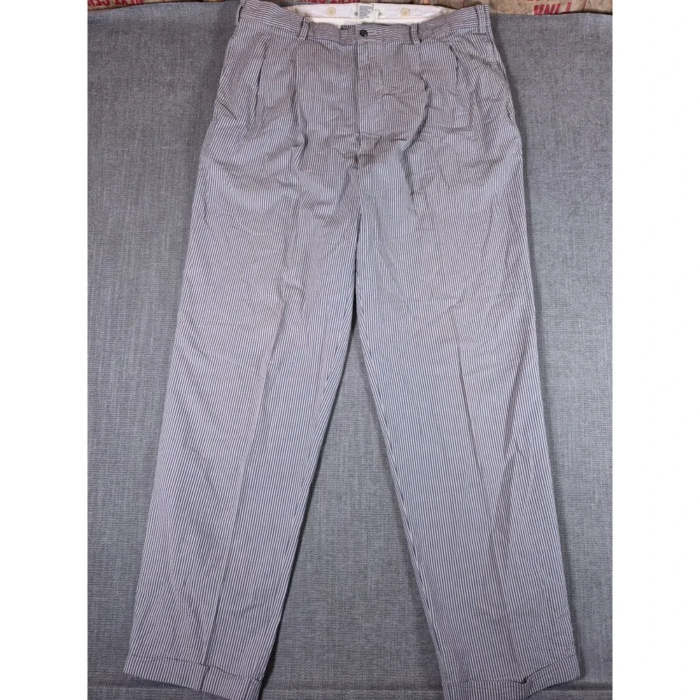 Banana Republic Pants Mens 40/34 Blue White Striped Pleated Seersucker Cuffed